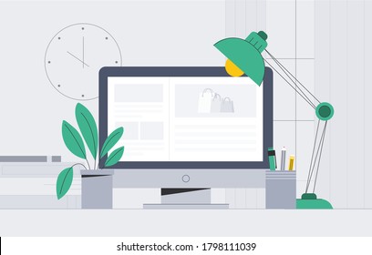 Workspace illustrator in flat design. Desktop computer in floating table with lamp and plant. There is a wall clock and a window in the background.