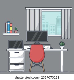 Ilustrador de área de trabajo en diseño plano. Computadora de escritorio en mesa con planta. Hay una estantería y una ventana al fondo