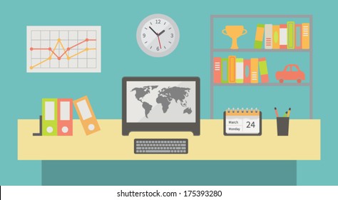 Workspace interior, flat vector illustration