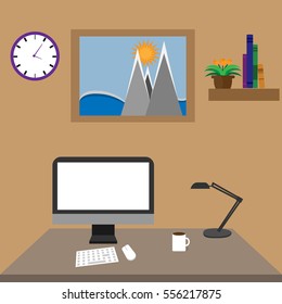 Workspace interior with picture and books