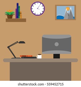Workspace interior with table and monitor