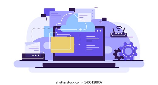 Workspace, internet connection, laptop and files, cloud computing, data storage concepts. Modern flat illustration, web banner. Vector file.