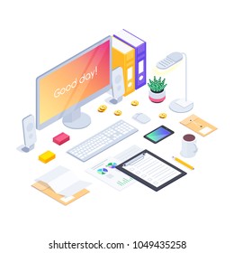 Workspace. Isometric concept of the workplace with a computer, smartphone, folders and claim form on the tablet. 3d office workplace isolated on white background. Vector illustration.