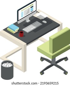 Workspace isometric icon. Office desk with computer and chair