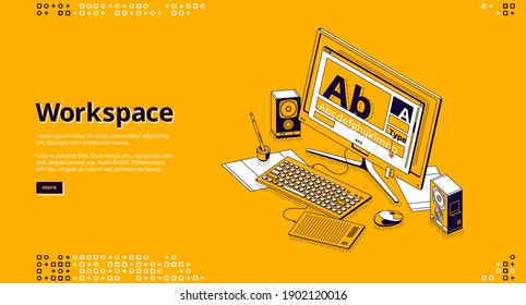 Workspace isometric landing page. Designer home office, freelancer workplace with computer monitor connected to painting tablet, digital pen and dynamics on desk , 3d vector line art web banner