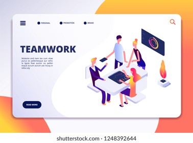 Workspace isometric landing page. People team work in office. Partnership, business process persons working together vector concept