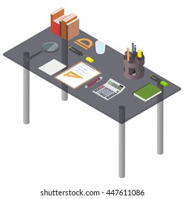 Workspace isometry. Glass Desk with stationery. Office tools on the desktop. Workplace of the businessman. Vector illustration.