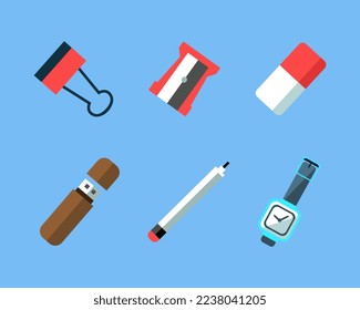 Workspace Items with USB Flash Drive, Watch, Pencil, Paperclip and Sharpener Top View Vector Set