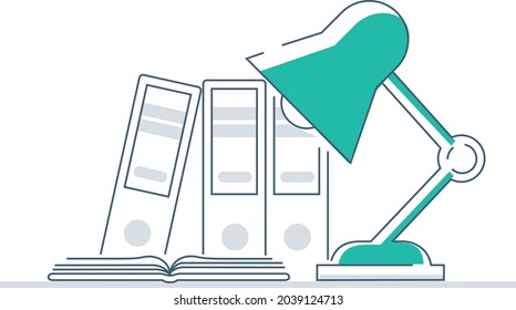 Espacio de trabajo con lámpara y documentos en la tabla. Planta de dibujos animados vectoriales del lugar de trabajo sobre el escritorio. Diseño plano. Ilustración del vector