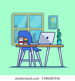 Workspace Laptop With Burger And Plant Cartoon Vector Icon Illustration. Workspace Technology Icon Concept Isolated Premium Vector. Flat Cartoon Style