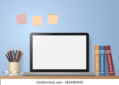 Workspace with laptop, business books and pencils on blue wall background. Mock up blank screen computer. Remote work, freelance, online learning, distance education. Vector illustration