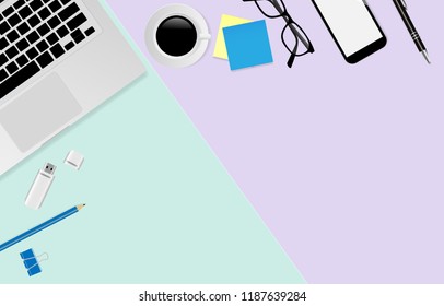 Workspace with laptop computer, notebook, pen, coffee cup, calculator, paper clips, USB Flash Drive and eyeglasses on pastel color background with copy space, Flat lay, Top view. Vector illustration