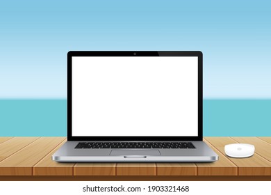 Workspace With Laptop Computer And Wireless Mouse And Sea View Background. Online Education. Computer Notebook On Wooden Desk Mock Up. Stylish Workplace. Creative Design Space.