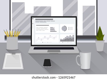 Workspace with laptop, documents, phone, coffee cup, desk, window. Workplace flat style. Vector workplace modern design. Vector illustration