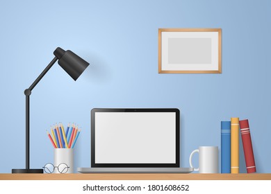 Workspace with laptop, empty frame, books, pencils, and lamp on blue wall background. Mock up blank screen computer. Remote work, freelance, online learning, distance education. Vector illustration