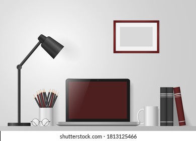 Workspace with laptop, empty frame, books, pencils and lamp on white wall background. Mock up blank screen computer. Remote work, freelance, online learning, distance education. Vector illustration