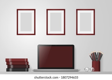 Workspace with laptop, empty frames, books and pencils on white wall background. Mock up blank screen computer. Remote work, freelance, online learning, distance education. Vector illustration