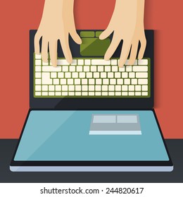 Workspace with laptop and hands in flat design