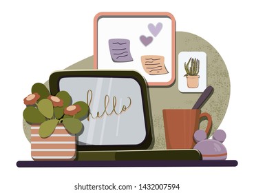 workspace with laptop houseplant mouse coffee cup and whiteboard