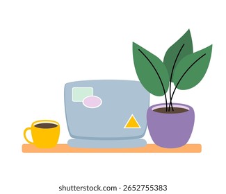 Workspace with laptop, mug of coffee, and a potted plant vector illustration