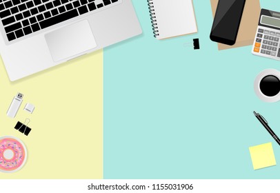 Workspace with laptop, notebook, pen, coffee cup, donut, calculator, smartphone and paper clips on green and yellow background, copy space, Flat lay, Top view. Vector illustration