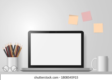 Workspace with laptop, pencils and coffee cup on white wall background. Mock up blank screen computer. Remote work, freelance, online learning, distance education. Vector illustration