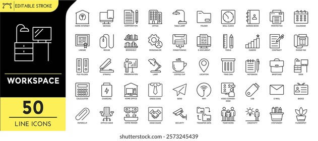 Workspace line editable icon set. workspace icons. home internet, office tools, lamp, wifi, coffee maker, stationery, workspace, and more. vector ilustration.