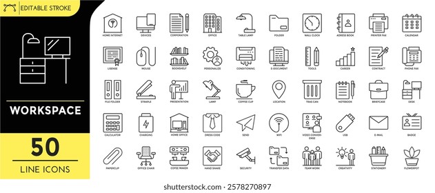 Workspace line editable icon set. workspace icons. home internet, office tools, lamp, wifi, coffee maker, stationery, workspace, and more. vector ilustration.