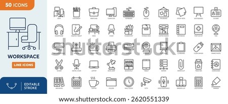 Workspace line editable icon set. Contains icons related to Workspace and office, coworking. Equipment and furniture. Editable stroke. Vector illustration