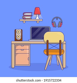 Workspace line flat design of modern office with desktop computer, equipment office set and chair. Modern vector and illustration Concept