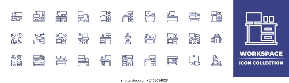 colección de iconos de línea de Espacio de trabajo. Trazo editable. Ilustración vectorial. Contiene espacio de trabajo, lugar de trabajo, café, escritorio, oficina, computadora, lámpara de mesa, arreglo de escritorio.