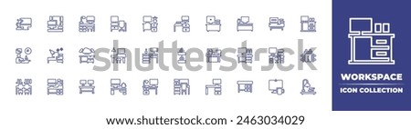 Workspace line icon collection. Editable stroke. Vector illustration. Containing workspace, workplace, coffee, desk, office, computer, table lamp, desk arrangement.