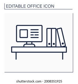 Workspace line icon. Laptop and work folders staying on desk. Modern comfortable workplace. Office concept. Isolated vector illustration. Editable stroke