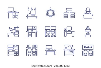 Workspace line icon set. Editable stroke. Vector illustration. Containing workspace, office, workplace, desk, studio, analysis, teamwork, computer, desk arrangement.