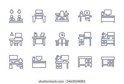Workspace line icon set. Editable stroke. Vector illustration. Containing coworking, workspace, desk, workplace, office, table.