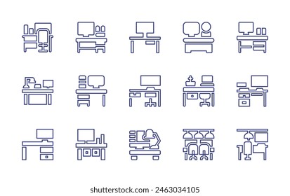 Workspace line icon set. Editable stroke. Vector illustration. Containing coworking, workspace, desk, computer, work table, table, worker.