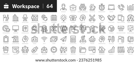 Workspace line icons set. Office and workspace line icons set. Сhair, coffee, time, manager, workspace, computer, desk - stock vector.