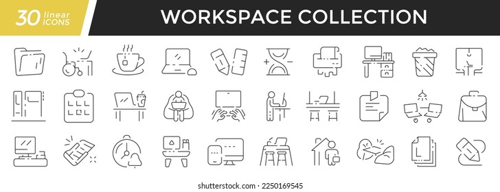 Workspace linear icons set. Collection of 30 icons in black