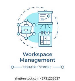 Workspace management soft blue concept icon. Business planning, project management. Round shape line illustration. Abstract idea. Graphic design. Easy to use in presentation, article