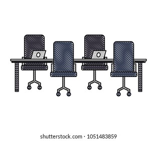 workspace meeting table chairs and laptop computers