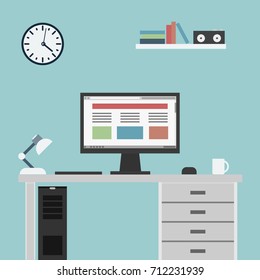 Workspace in minimalistic style and color. Education process. Flat design. Vector