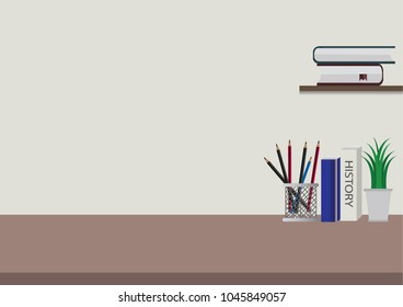Workspace Mock up marble tabletop with vintage books, pencils and houseplant. copy space desk with copy space for products display montage.
