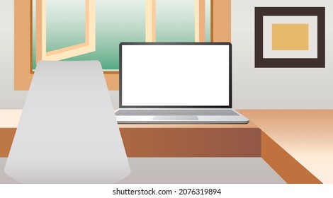  workspace mockup with a laptop standing on a desk against the open window. Vector illustration