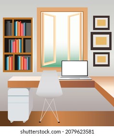 espacio de trabajo con un ordenador portátil sobre un escritorio frente a la ventana abierta. Ilustración del vector