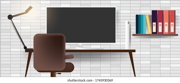 Workspace with modern computer , work from home comcept Creative Office University learning education Modern Workplace at home. Vector illustration design.