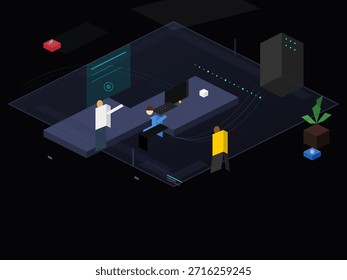 Workspace in a modern office with people interacting and technology present