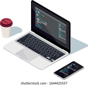 The workspace of a modern programmer. Laptop, smartphone and a cup of coffee in 3d. Isometric vector illustration. 