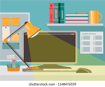 Workspace in modern style for self-study, home work, freelance job. Vector illustration in flat style for web or advertising