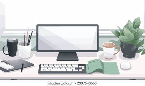 Workspace: office with computer and hot coffee in flat, vector illustration