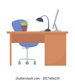 workspace office desk chair lamp computer and plant isolated design white background vector illustration